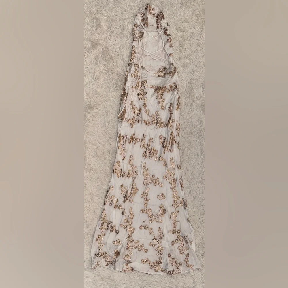 HOUSE OF CB 'Capriana' White & Gold Jacquard Satin Gown NWOT_5